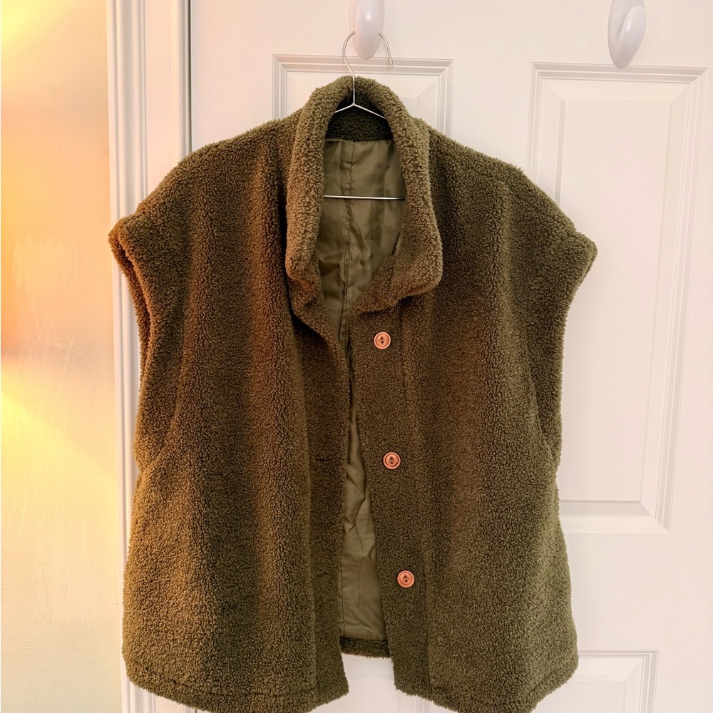 Olive Green Sherpa Button-Front Vest
